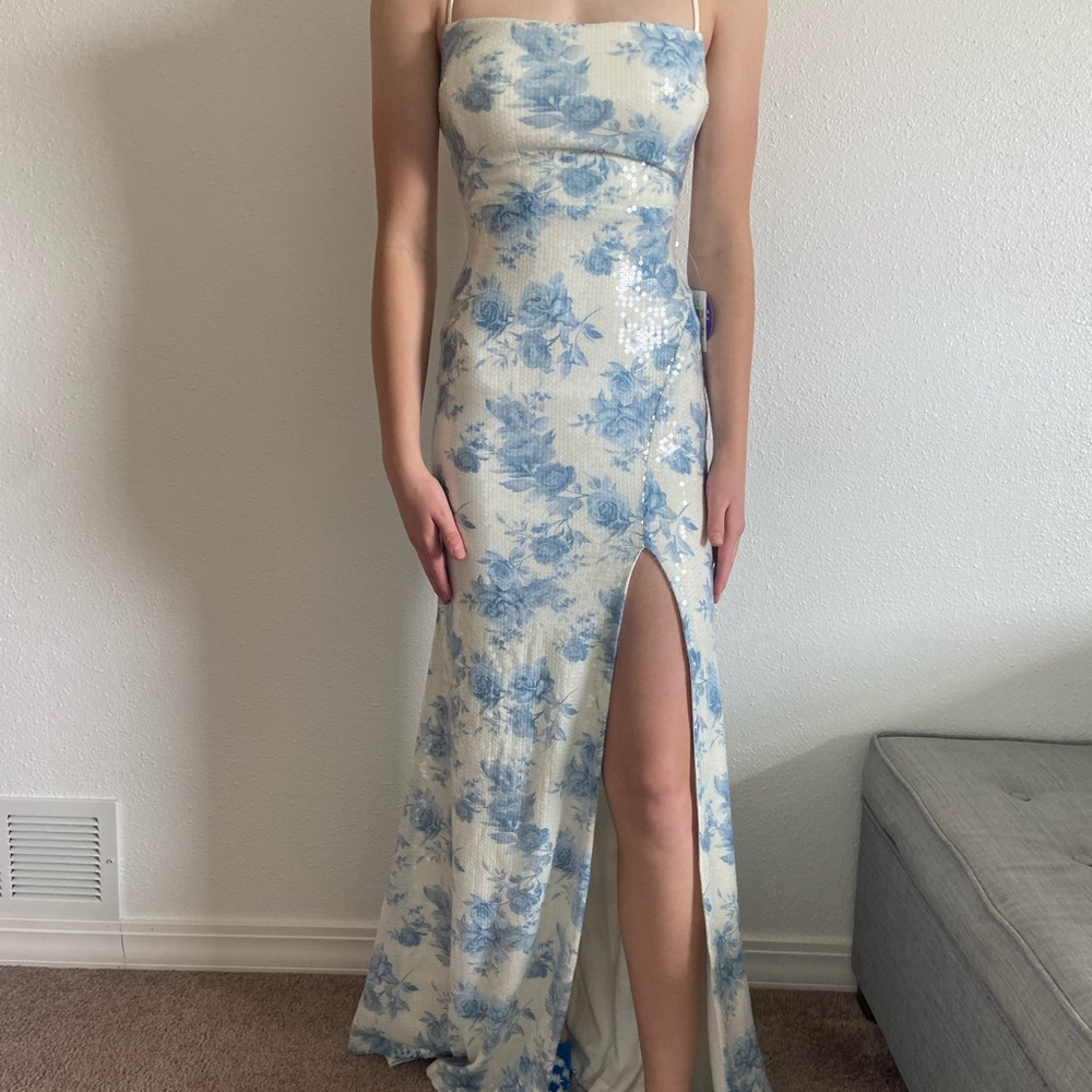 Floral Blue and White Strapless Dress